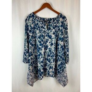 EUC Zac & Rachel Women's 3x Blue Floral Tunic Notch Neckline Chain Stretch Soft